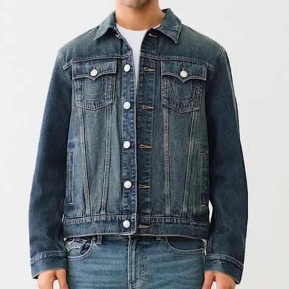 NWT men's XXL True Religion Jesse Denim Trucker Jean Jacket Dark Smoky Wash - Picture 1 of 9